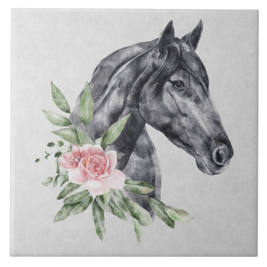 Carreau Belle tête de cheval noir Portrait d'aquarelle (Devant)