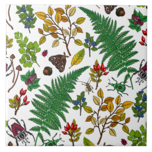 Carreau Berries forestières, feuilles et buissons sur blan