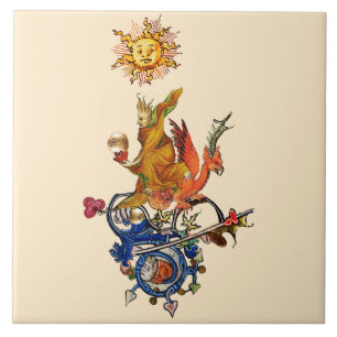 CARREAU BESTIAIRE MÉDIÉVAL ÉTRANGE,ALCHIMISTE,DRAGON ROUGE