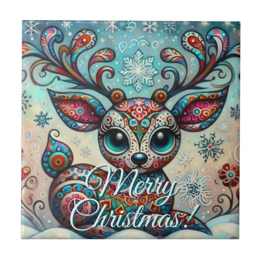 Carreau Big Eye Christmas Reindeer Folk Art Personalized (Devant)