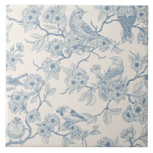Carreau Birds and cherry blossom in blue and off white (Devant)