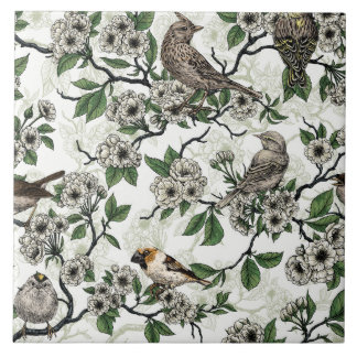 Carreau Birds and cherry blossom on white