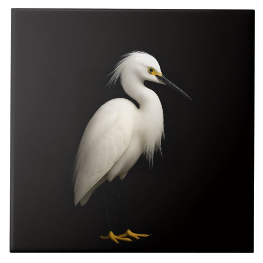 Carreau Black 4 Luxe Tile with Elegant Snowy Egret (Devant)
