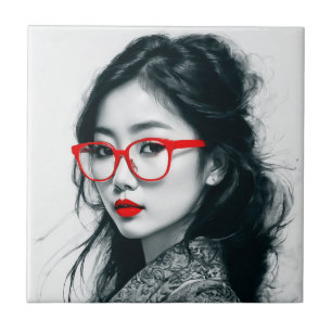 Carreau Black Blanc Asiatique Portrait Lèvres Rouges Et Ve