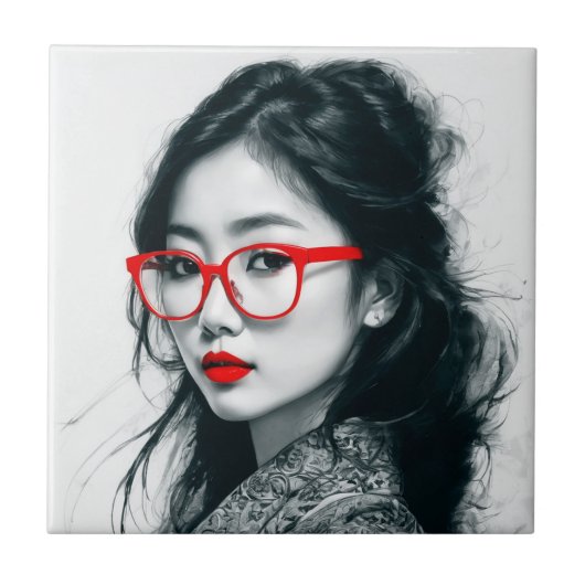 Carreau Black Blanc Asiatique Portrait Lèvres Rouges Et Ve (Devant)