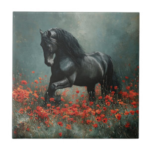 Carreau Black Friesian Stallion Red Poppies