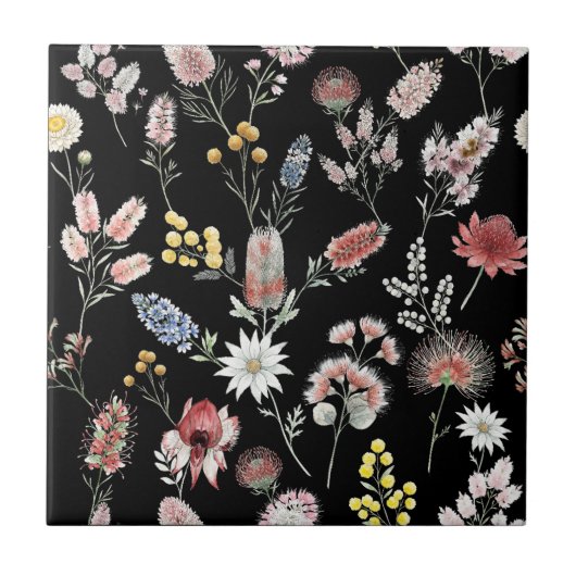Carreau Black Romantic Moody Watercolor Wildflowers (Devant)