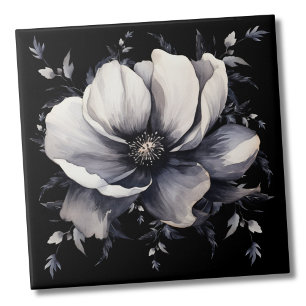 Carreau Blanc Élégant Floral Noir