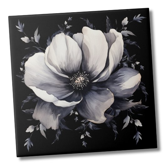 Carreau Blanc Élégant Floral Noir