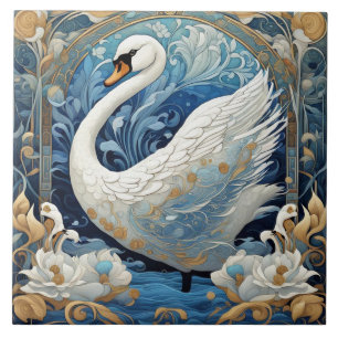 Carreau Blanc Swan Art Nouveau Oiseau Art Déco Bleu