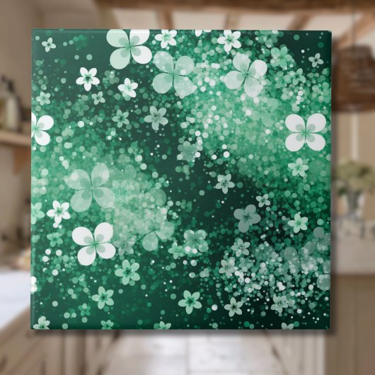Carreau Blancs Trèfles Verts Chic & Points sur Fond Vert F