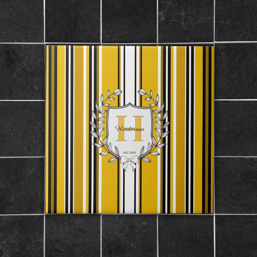 Carreau Blason de monogramme élégante rayure jaune Nom de