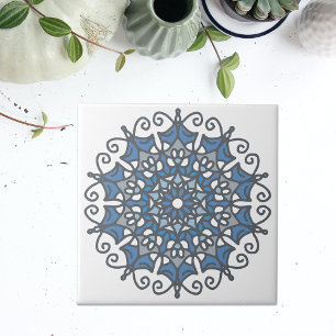 Carreau Bleu Acier Clair Élégant Mandala Sur Blanc