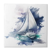 Bleu Aquarelle Voilier Carrelage en céramique