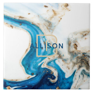 Carreau Bleu blanc marbre or Abstrait Art Monogramme