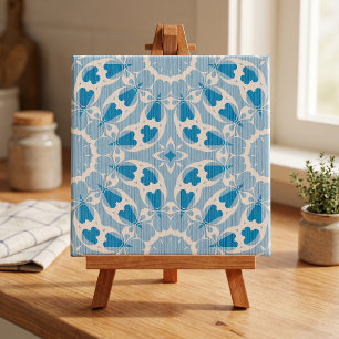 Carreau Bleu Blanc Texturé Floral Symétrique Stylisé