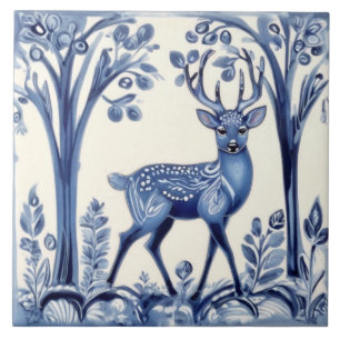 Carreau Bleu cerf et blanc Bois Folk Art animal