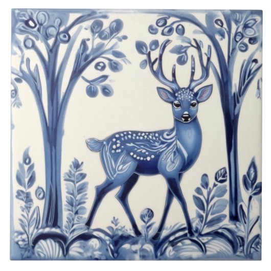 Carreau Bleu cerf et blanc Bois Folk Art animal (Devant)