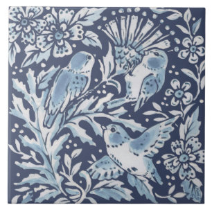 Carreau Bleu classique Blanc Ornat 3 Oiseaux Forêt Floral