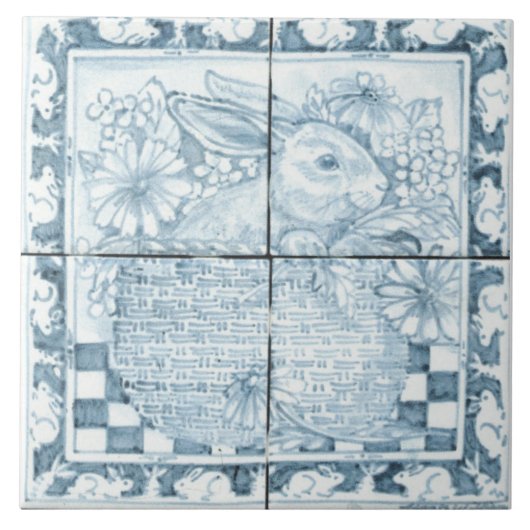 Carreau Bleu doux et blanc Antique Look Lapin Rabbit Panie (Devant)