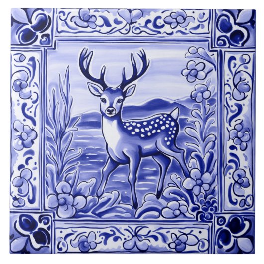 Carreau Bleu et blanc Bois de cerfs Folk Animal Art (Devant)