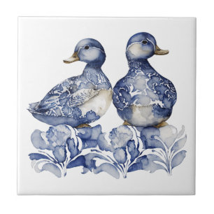 Carreau Bleu et blanc Delft style mignon canards avec fleu