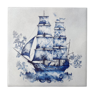 Carreau Bleu et blanc Delft voilier en mer