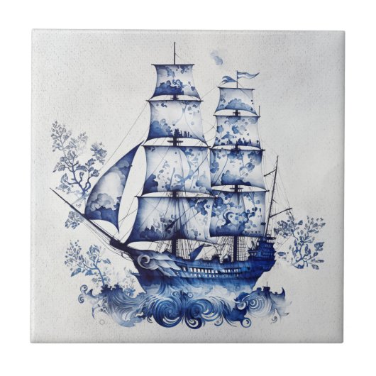 Carreau Bleu et blanc Delft voilier en mer (Devant)