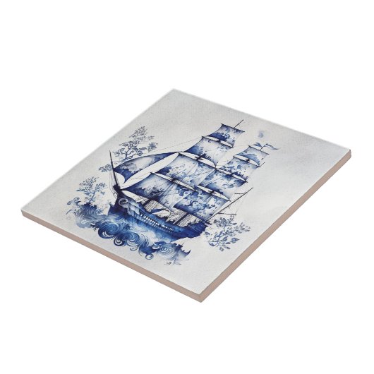 Carreau Bleu et blanc Delft voilier en mer (Côté)