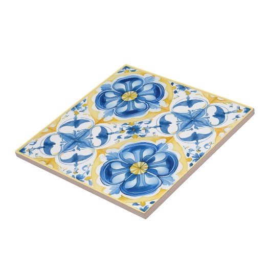 Carreau 💛 💙 bleu et jaune, aquarelle fleurie Azulejos (Côté)