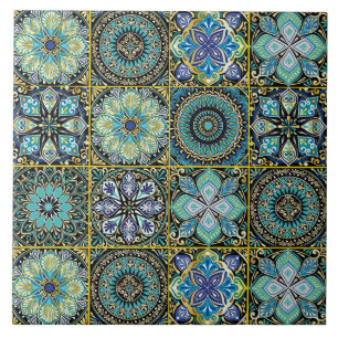 Carreau Bleu et vert méditerranéen avec accents jaunes