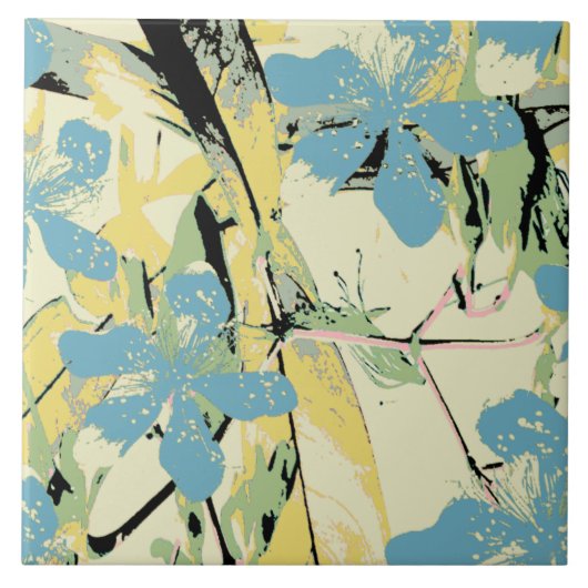 Carreau bleu fleur rétro et jaune (Devant)