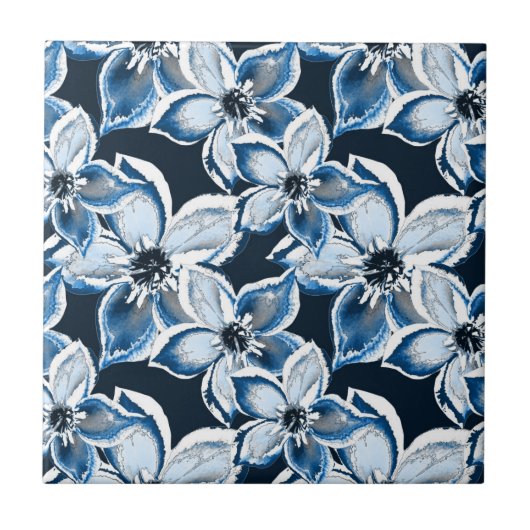 Carreau Bleu, fleurs blanches sur un arrière - plan noir. (Devant)