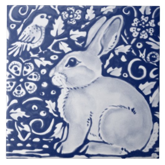 Carreau Bleu foncé Marine Cobalt Rabbit Bird Chinoiserie  (Devant)