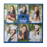 Carreau Bleu Graduate Photo Collage Custom Graduate<br><div class="desc">Cette tuile de collage photo moderne bleu pour diplômés présente vos 6 photos préférées d'étudiants. Ce cadeau de remise de diplômes tient compte de la typographie blanche et classe de votre nom de lycée ou de collège pour la classe de 2025. Customisez ce design avec votre année de graduation en...</div>