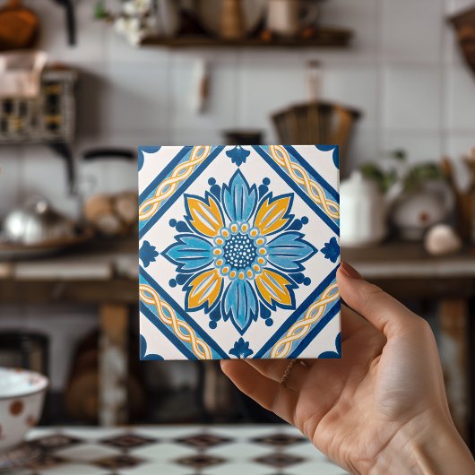Carreau Bleu Jaune Azulejo Méditerranée Floral Maison Déco