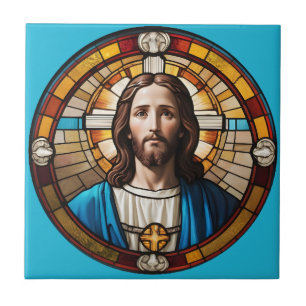 Carreau Bleu Jésus Christ Circulaire Faux Verre Tiré