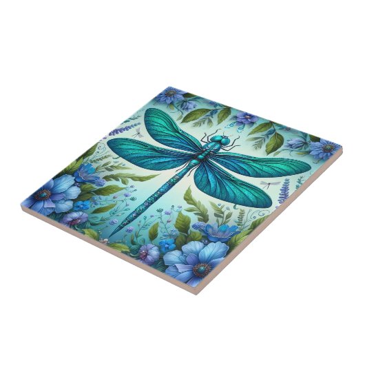 Carreau Bleu libellule avec fleurs (Côté)