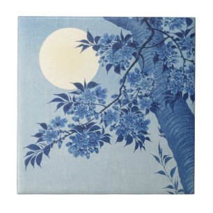 Carreau Bleu Lune Fleur Arbre Sous le Ciel Nocturne