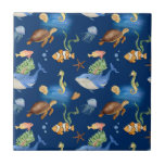 Carreau Bleu marine baleines tortues<br><div class="desc">Sous le thème mer. Un arrière - plan bleu marine et un motif avec baleines,  tortues et poissons</div>
