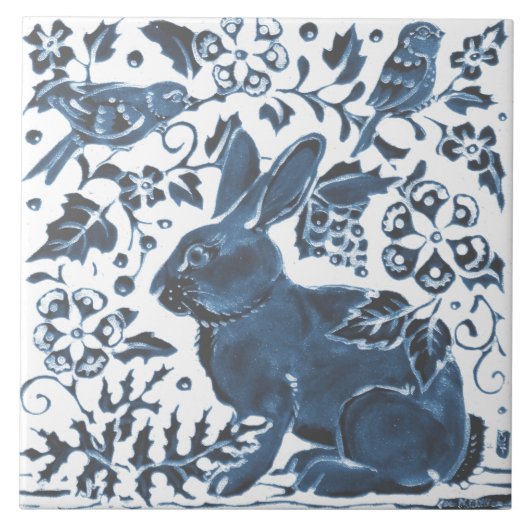 Carreau Bleu marine sur blanc lapin feuille d'oiseau asiat (Devant)