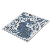 Carreau Bleu marine sur blanc lapin feuille d'oiseau asiat (Côté)