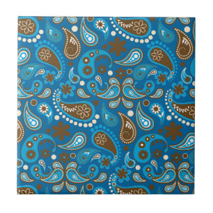 Carreau Bleu Marron Paisley Floral Fleurs Fermier Élégant