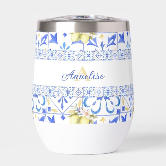 Carreau bleu motif français de citron monogramme (Avant)