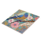Carreau Bleu Pigeon Oiseau rose Floral Fleurs de printemps (Côté)