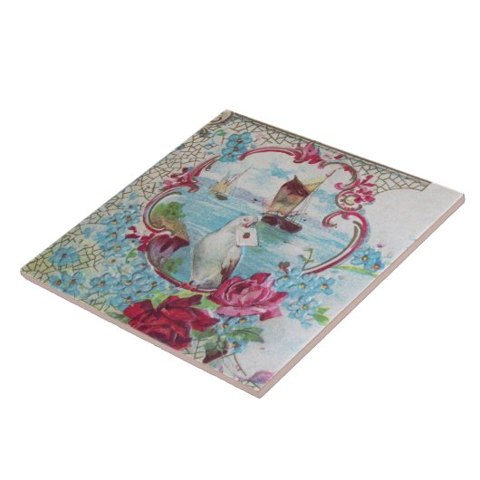 CARREAU BLEU ROMANTIQUE FLEURS ROSES ET PAYSAGE MARIN (Côté)