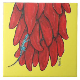Carreau Bleu Sud-Ouest Lézard Rouge Chili Pepper Mural