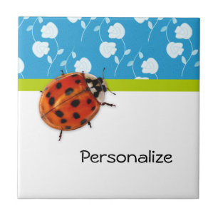 Carreau Bleu tendance Ladybug Floral avec nom