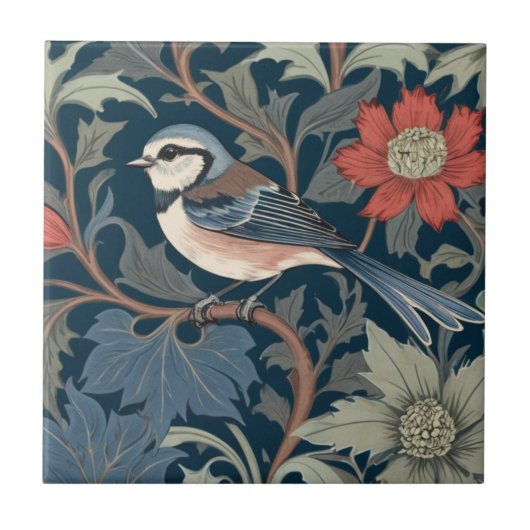 Carreau Bleu Tit William Morris style Face gauche Bird (Devant)