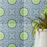 Carreau Bleu Vert Blanc Bohème Mosaïque Motif géométrique<br><div class="desc">Présentant un design contemporain captivant en céramique qui met en valeur un agencement impeccable de formes géométriques vertes et blanches sur fond bleu apaisant.</div>
